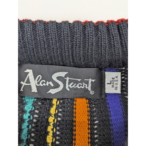 90s Cable Knit Sweater Mens LG Muticolor Cooj Style Grandpacore Alan Stuart Crew - Picture 5 of 10
